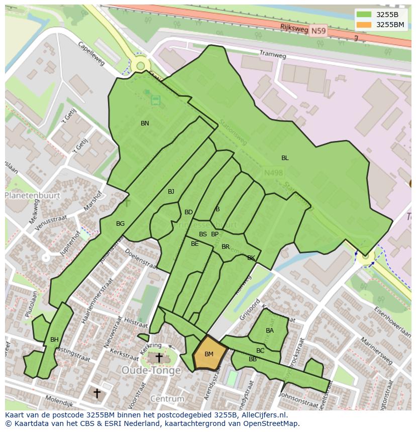 Afbeelding van het postcodegebied 3255 BM op de kaart.