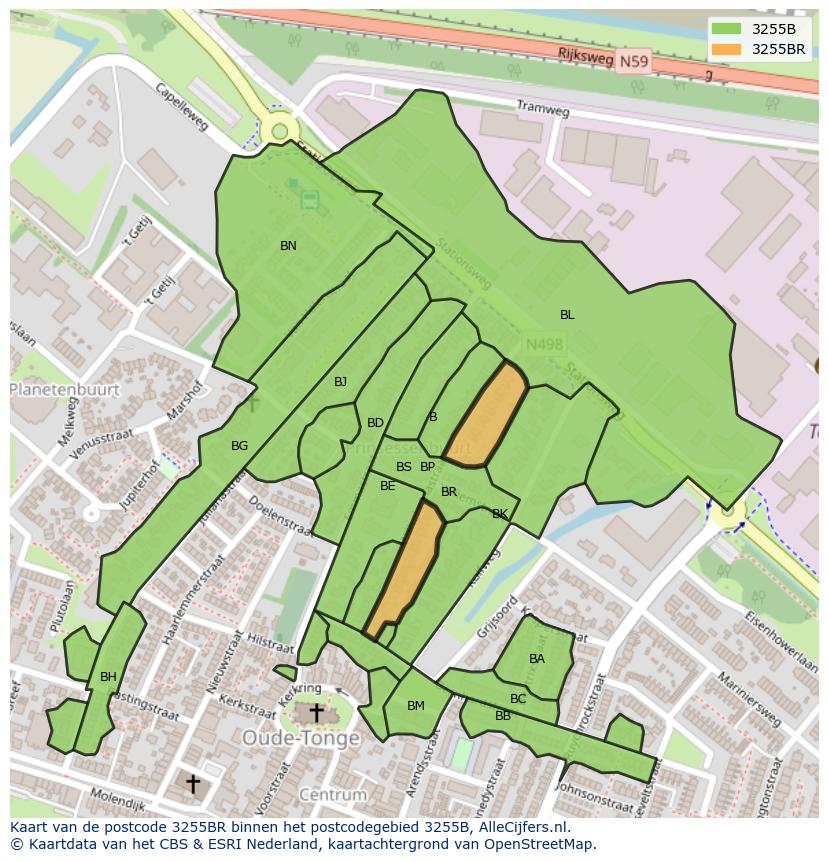 Afbeelding van het postcodegebied 3255 BR op de kaart.