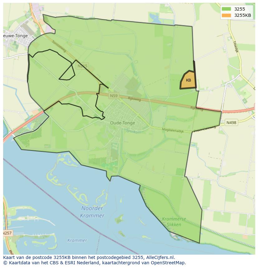 Afbeelding van het postcodegebied 3255 KB op de kaart.