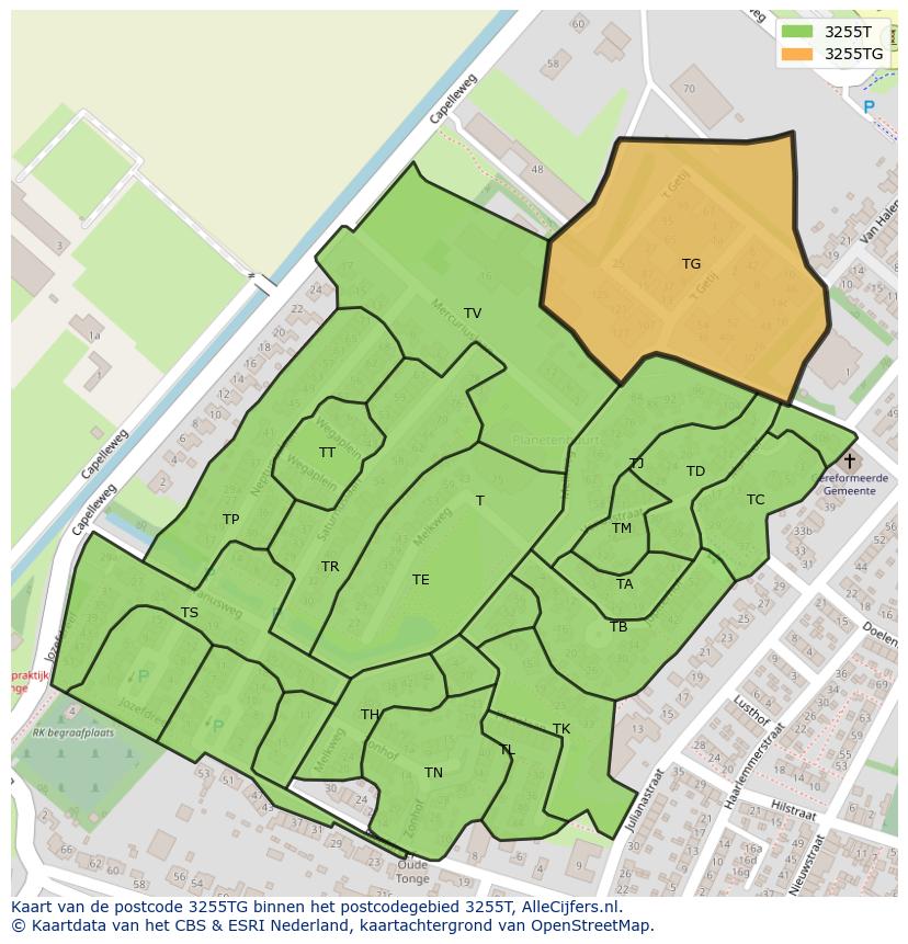 Afbeelding van het postcodegebied 3255 TG op de kaart.