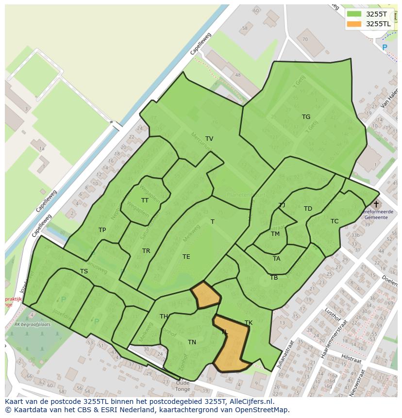 Afbeelding van het postcodegebied 3255 TL op de kaart.