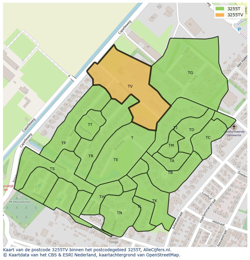 Afbeelding van het postcodegebied 3255 TV op de kaart.