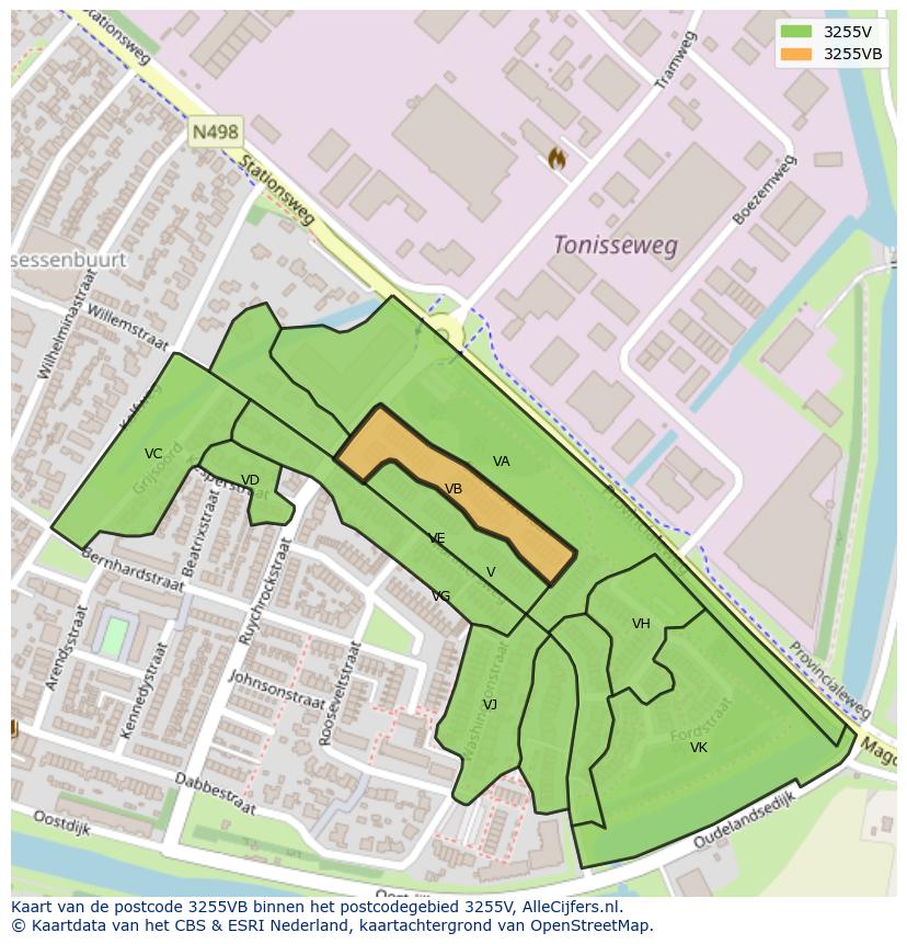 Afbeelding van het postcodegebied 3255 VB op de kaart.