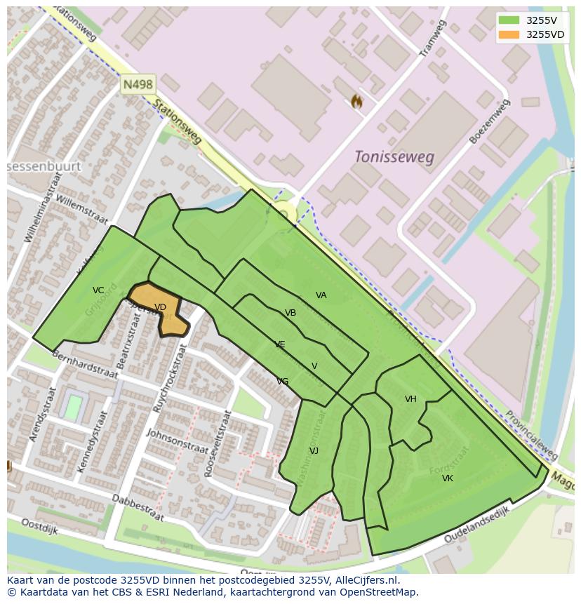 Afbeelding van het postcodegebied 3255 VD op de kaart.