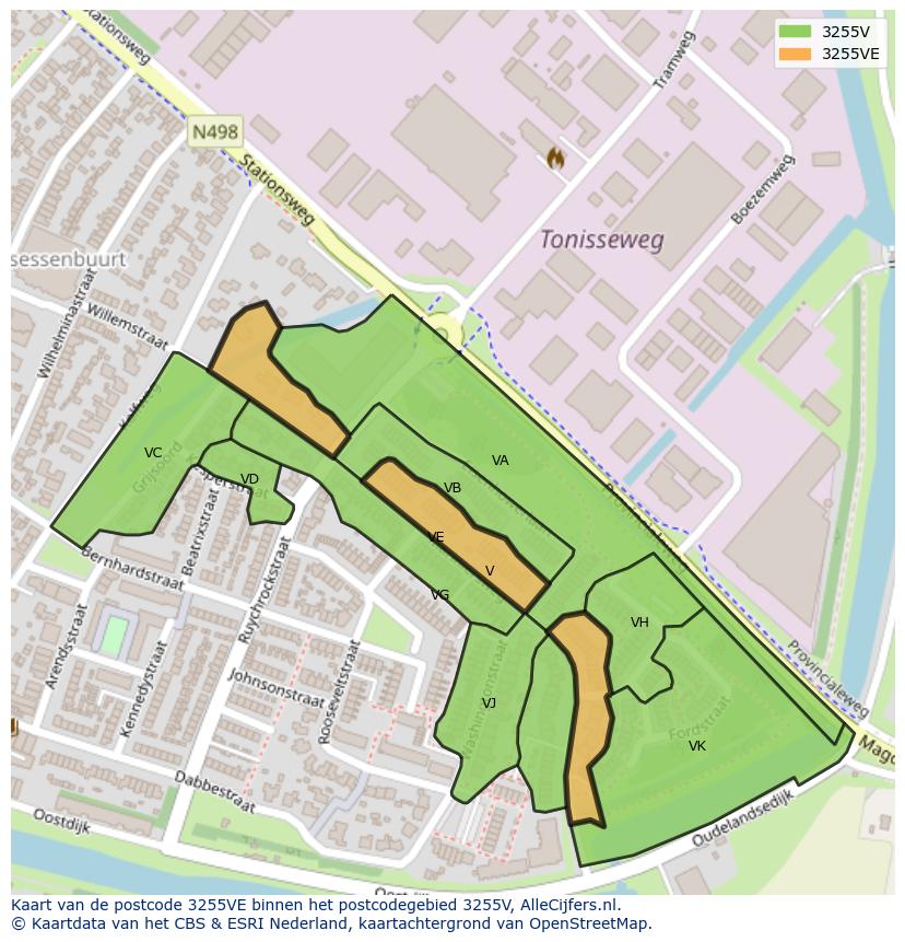 Afbeelding van het postcodegebied 3255 VE op de kaart.