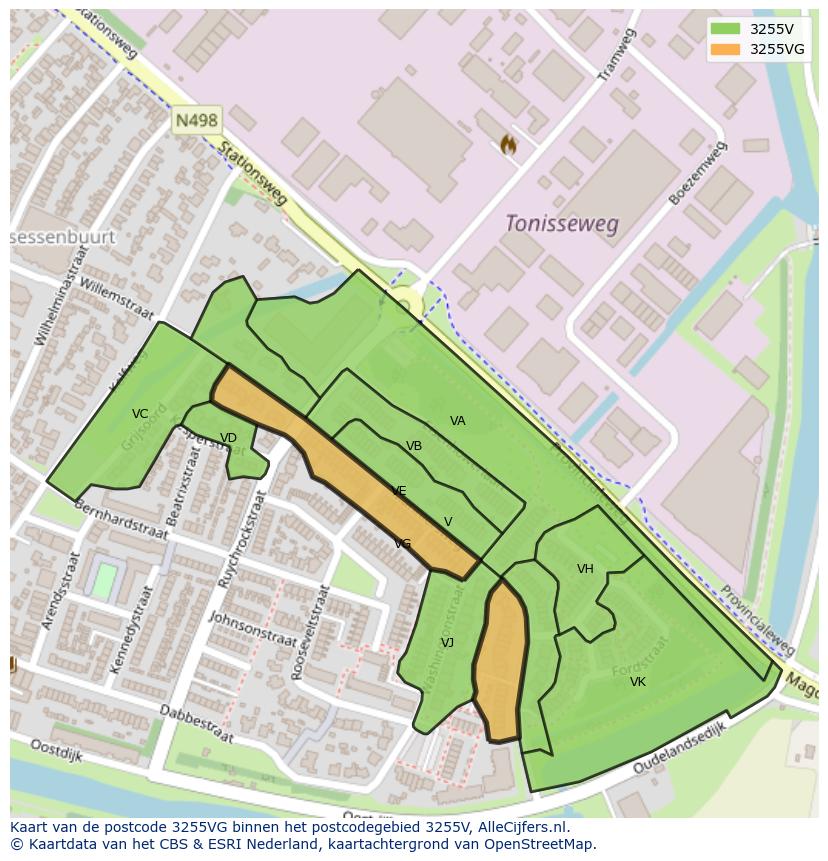 Afbeelding van het postcodegebied 3255 VG op de kaart.