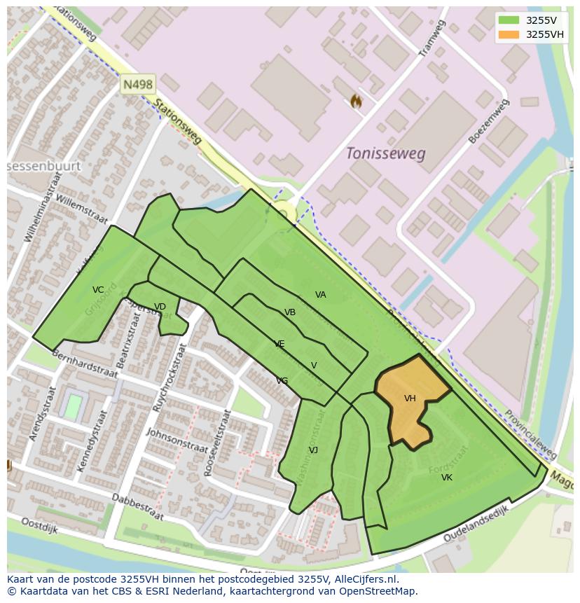 Afbeelding van het postcodegebied 3255 VH op de kaart.