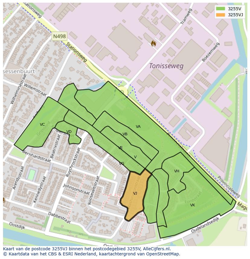 Afbeelding van het postcodegebied 3255 VJ op de kaart.