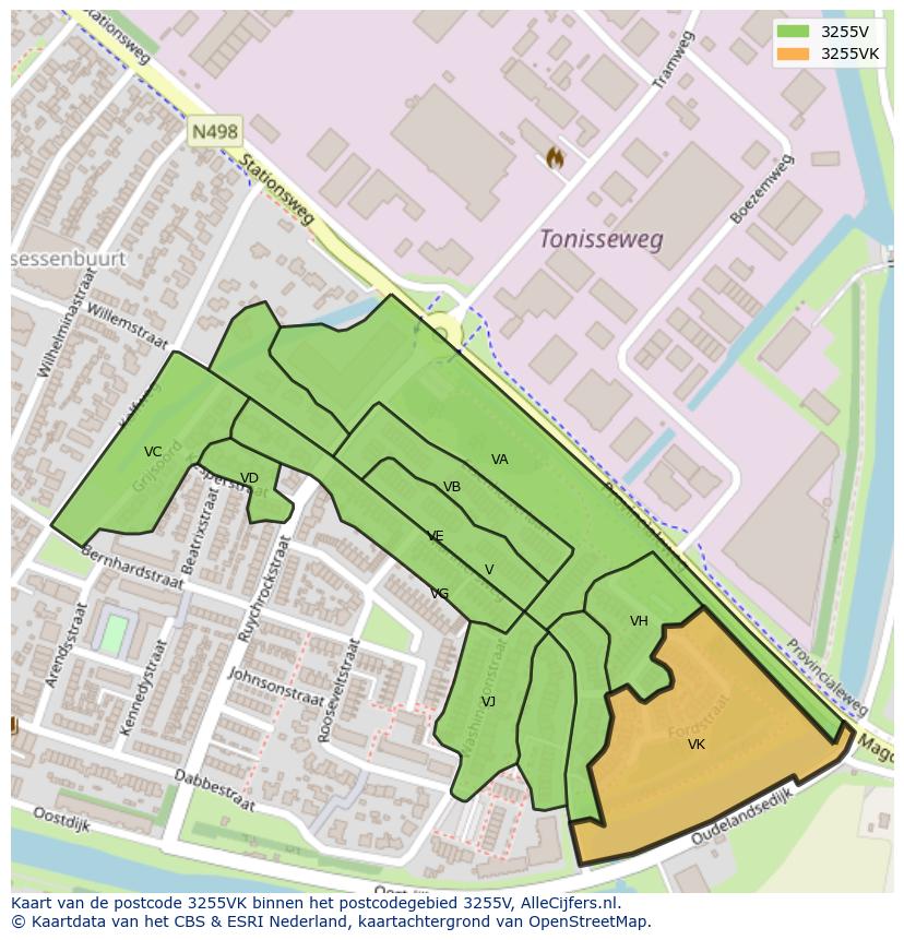 Afbeelding van het postcodegebied 3255 VK op de kaart.