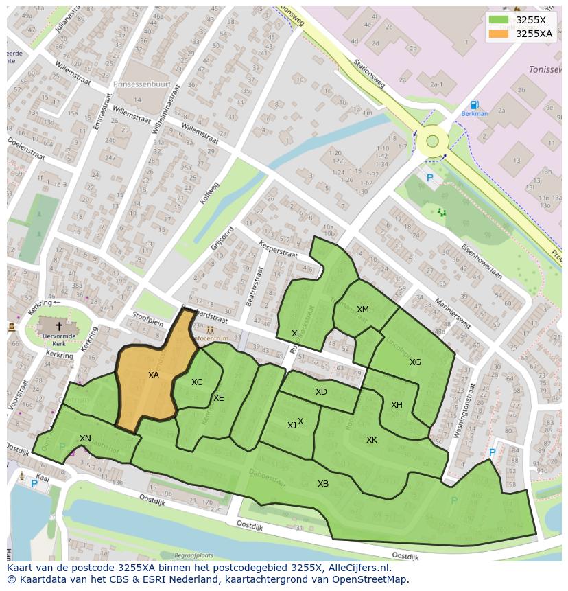 Afbeelding van het postcodegebied 3255 XA op de kaart.