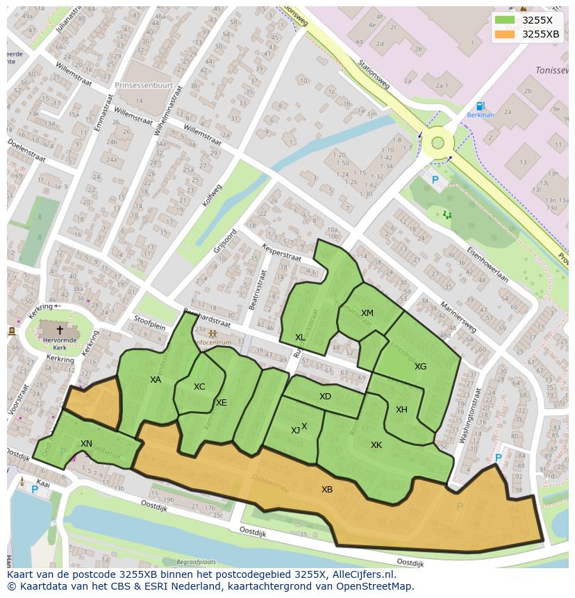 Afbeelding van het postcodegebied 3255 XB op de kaart.