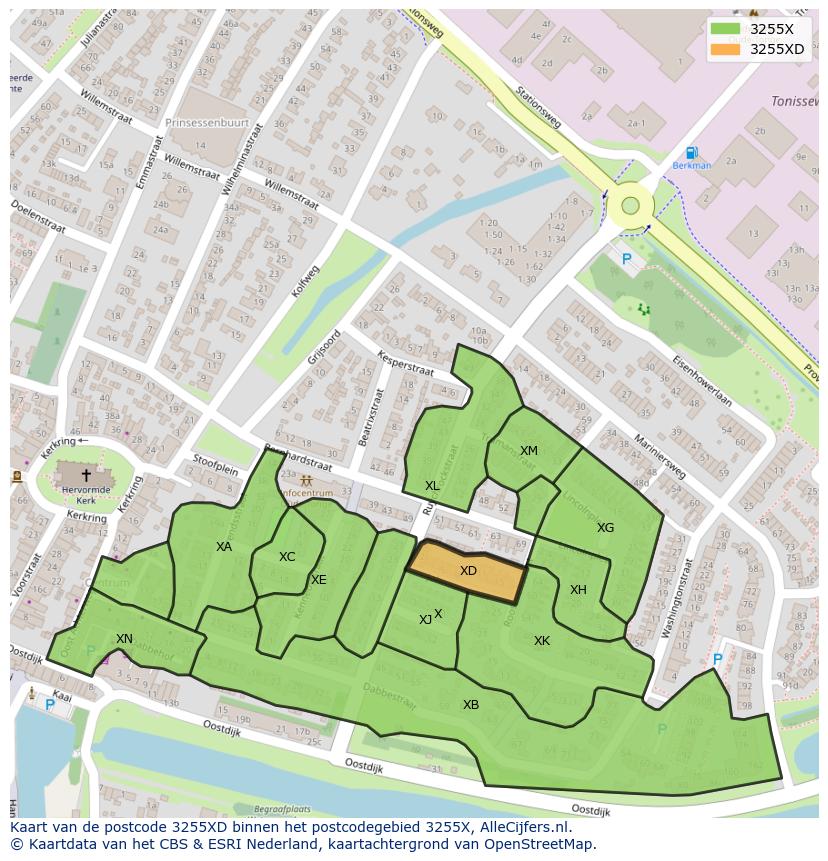 Afbeelding van het postcodegebied 3255 XD op de kaart.