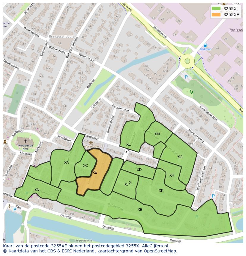 Afbeelding van het postcodegebied 3255 XE op de kaart.