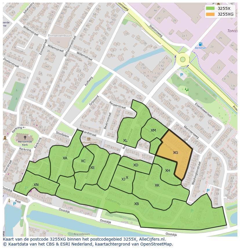 Afbeelding van het postcodegebied 3255 XG op de kaart.