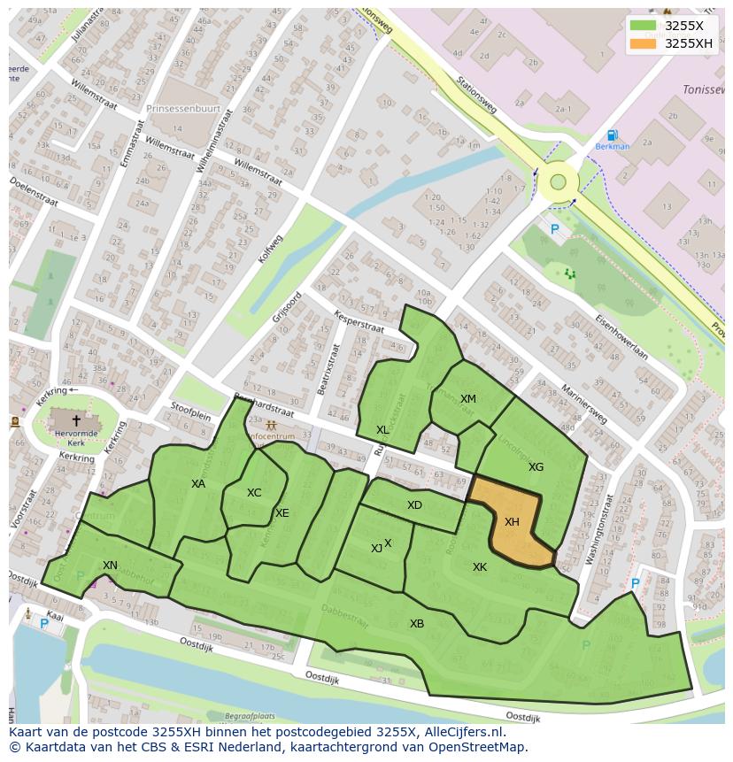 Afbeelding van het postcodegebied 3255 XH op de kaart.