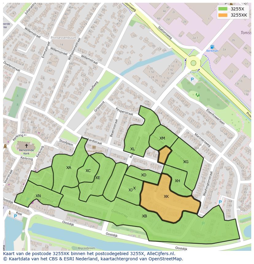 Afbeelding van het postcodegebied 3255 XK op de kaart.