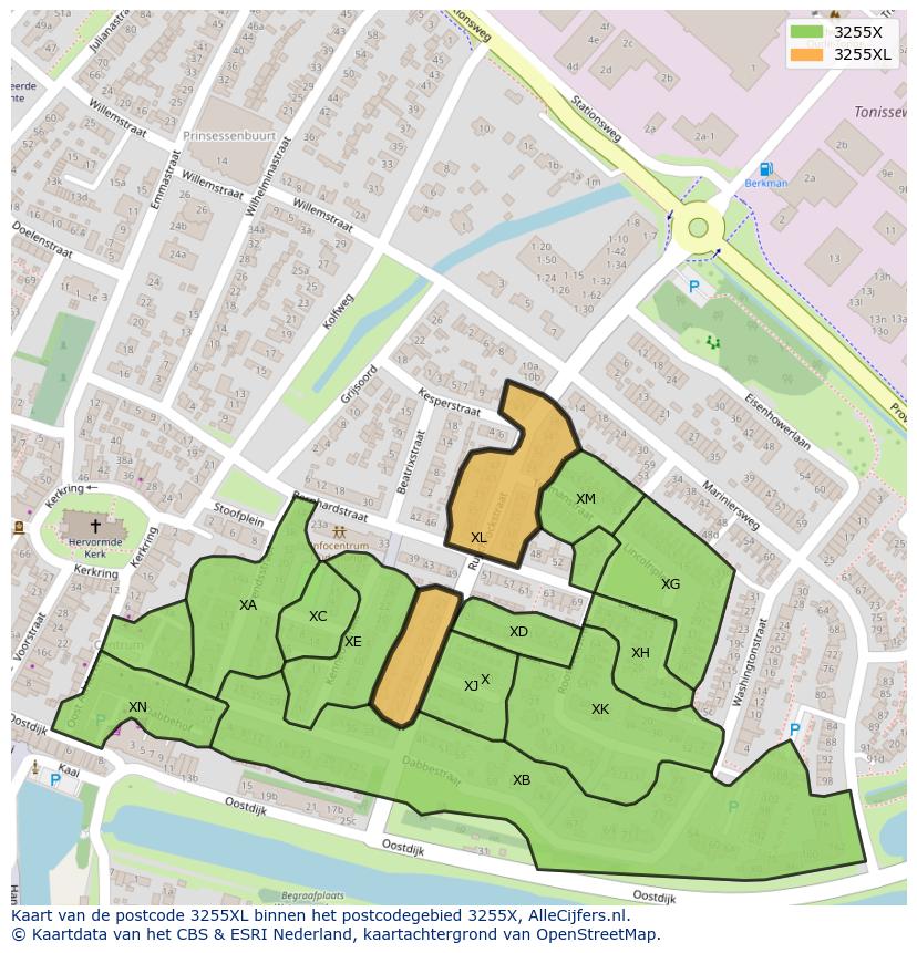 Afbeelding van het postcodegebied 3255 XL op de kaart.
