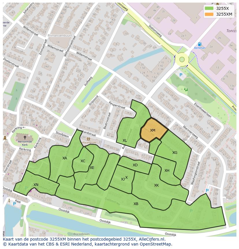 Afbeelding van het postcodegebied 3255 XM op de kaart.