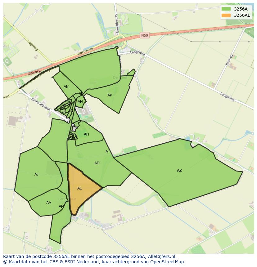Afbeelding van het postcodegebied 3256 AL op de kaart.