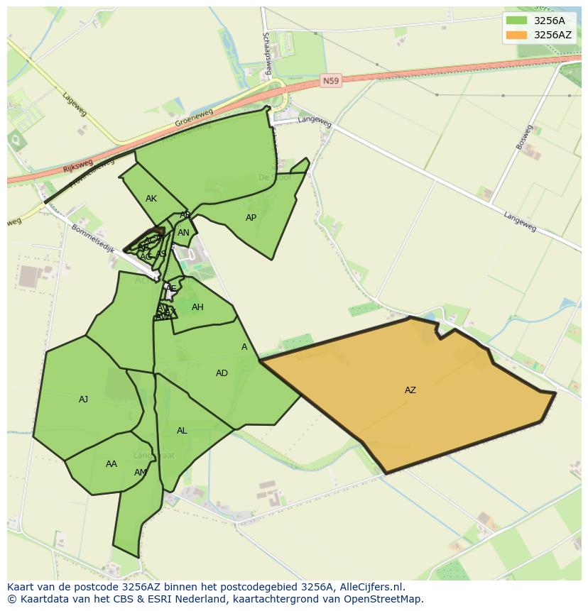 Afbeelding van het postcodegebied 3256 AZ op de kaart.