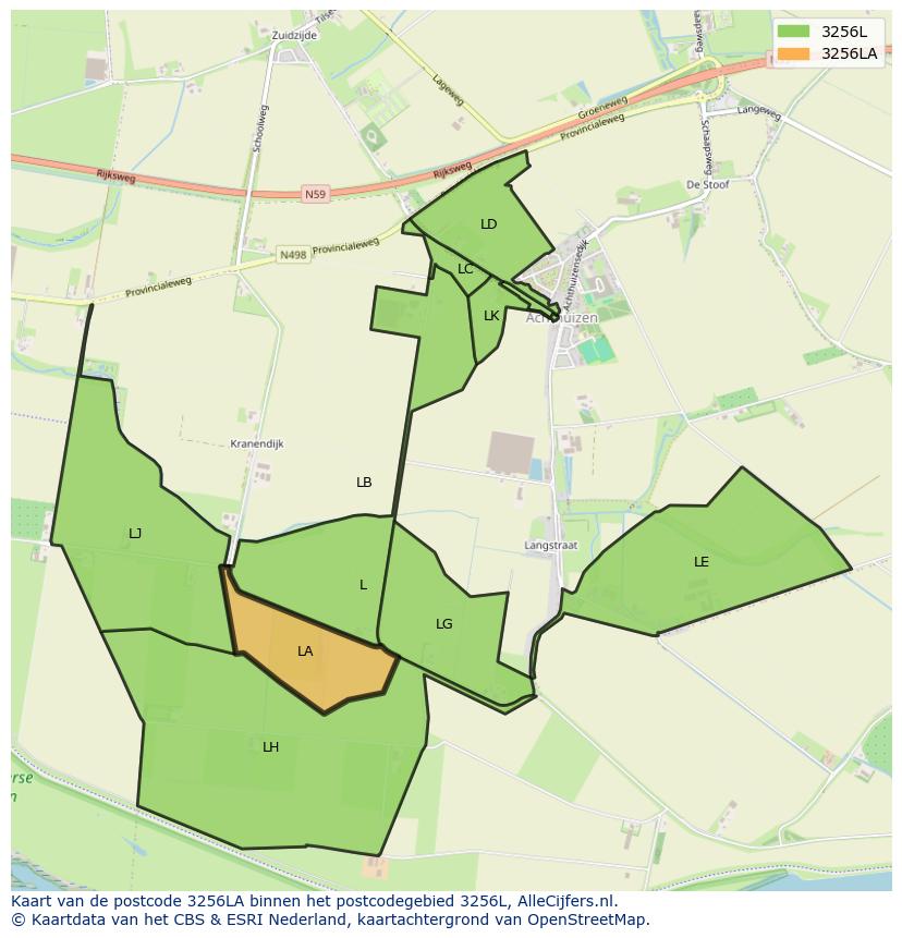 Afbeelding van het postcodegebied 3256 LA op de kaart.