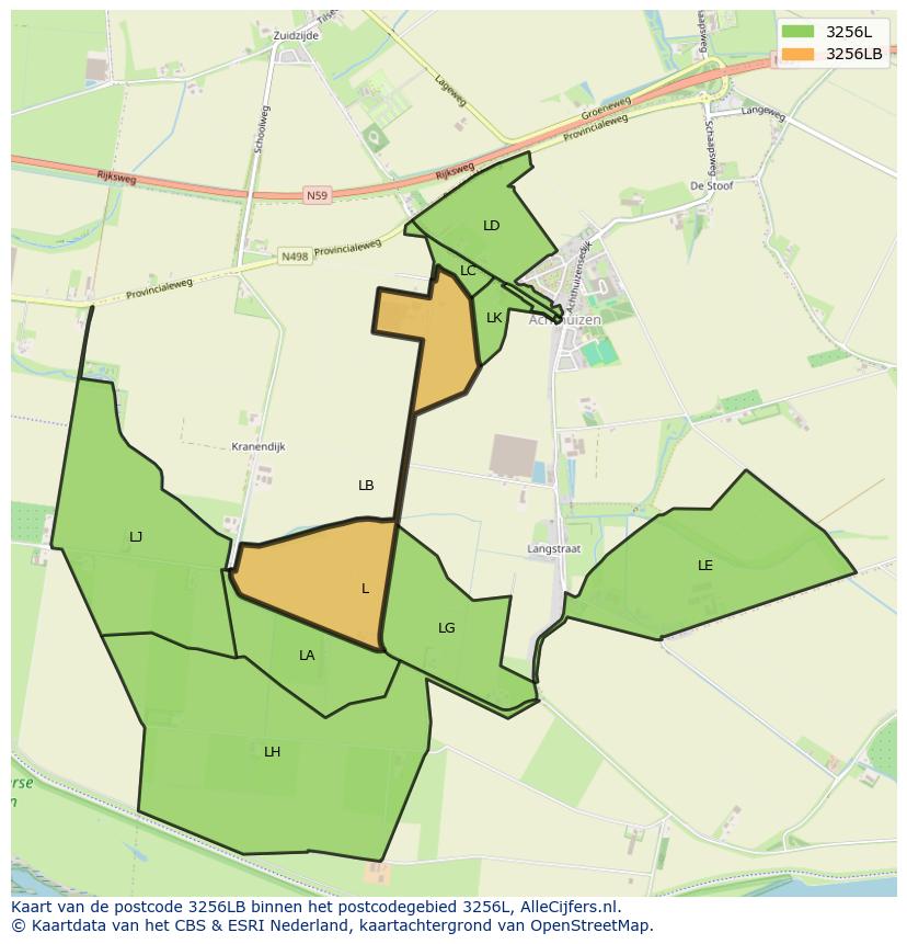 Afbeelding van het postcodegebied 3256 LB op de kaart.