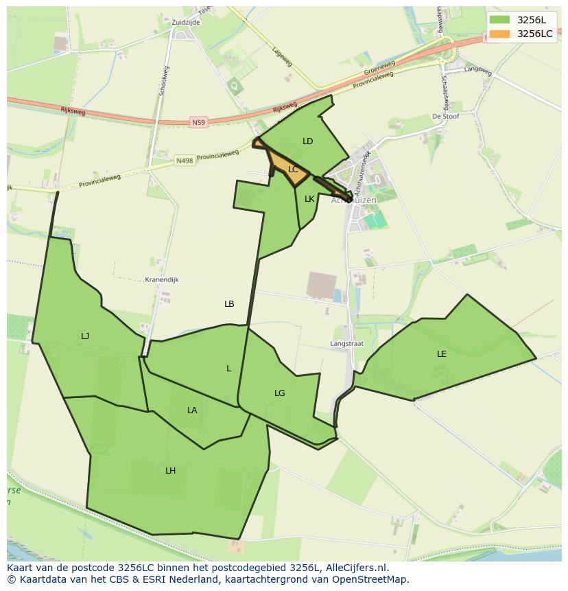 Afbeelding van het postcodegebied 3256 LC op de kaart.