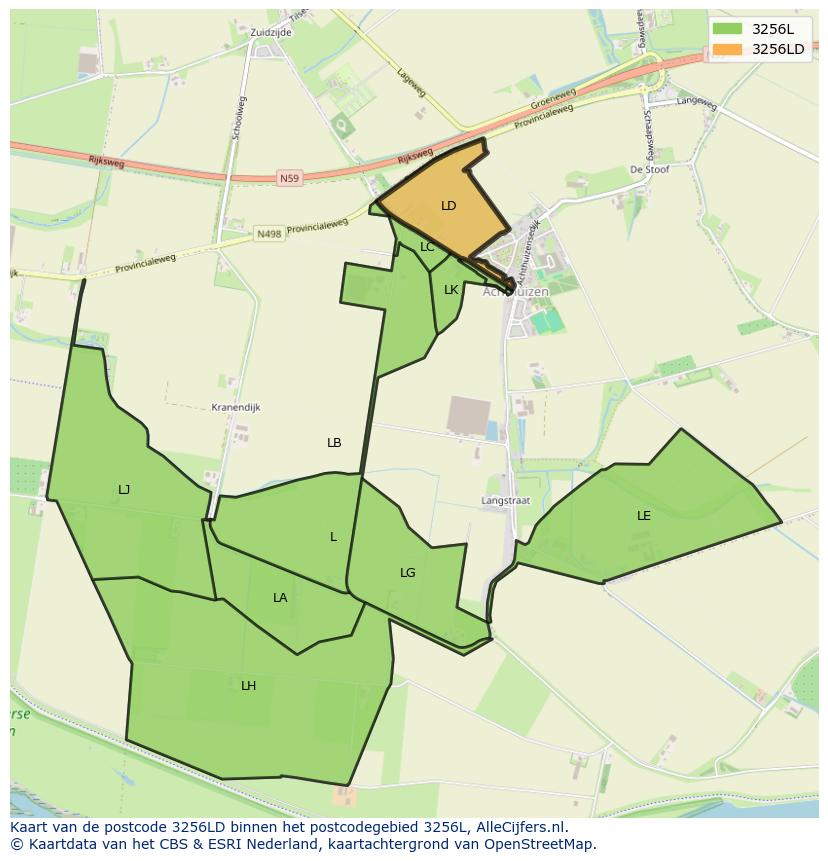 Afbeelding van het postcodegebied 3256 LD op de kaart.