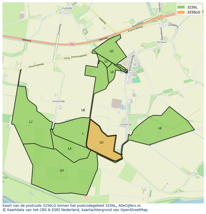 Afbeelding van het postcodegebied 3256 LG op de kaart.