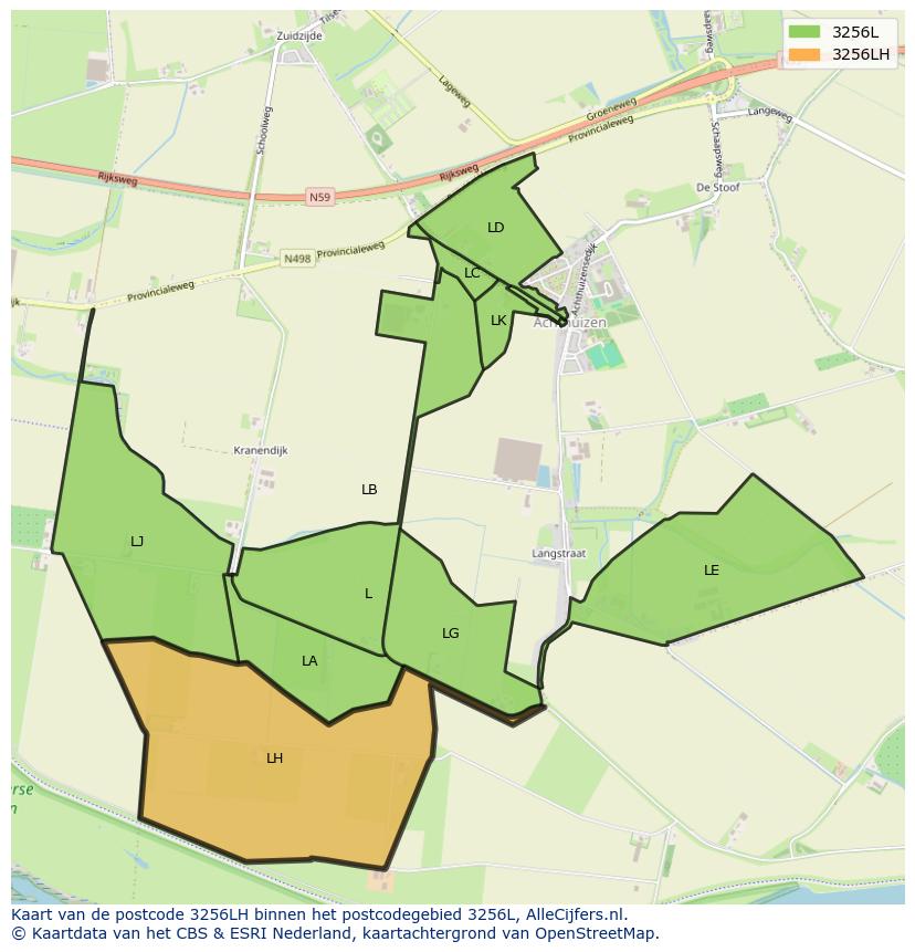 Afbeelding van het postcodegebied 3256 LH op de kaart.