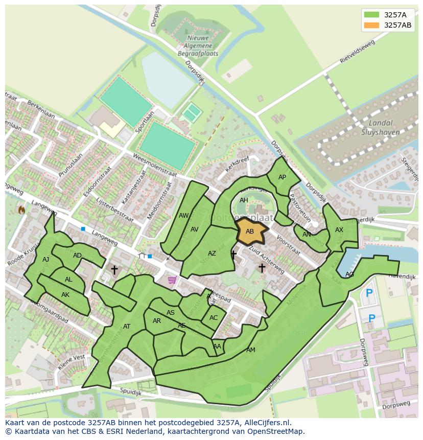 Afbeelding van het postcodegebied 3257 AB op de kaart.
