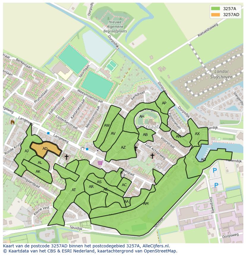 Afbeelding van het postcodegebied 3257 AD op de kaart.