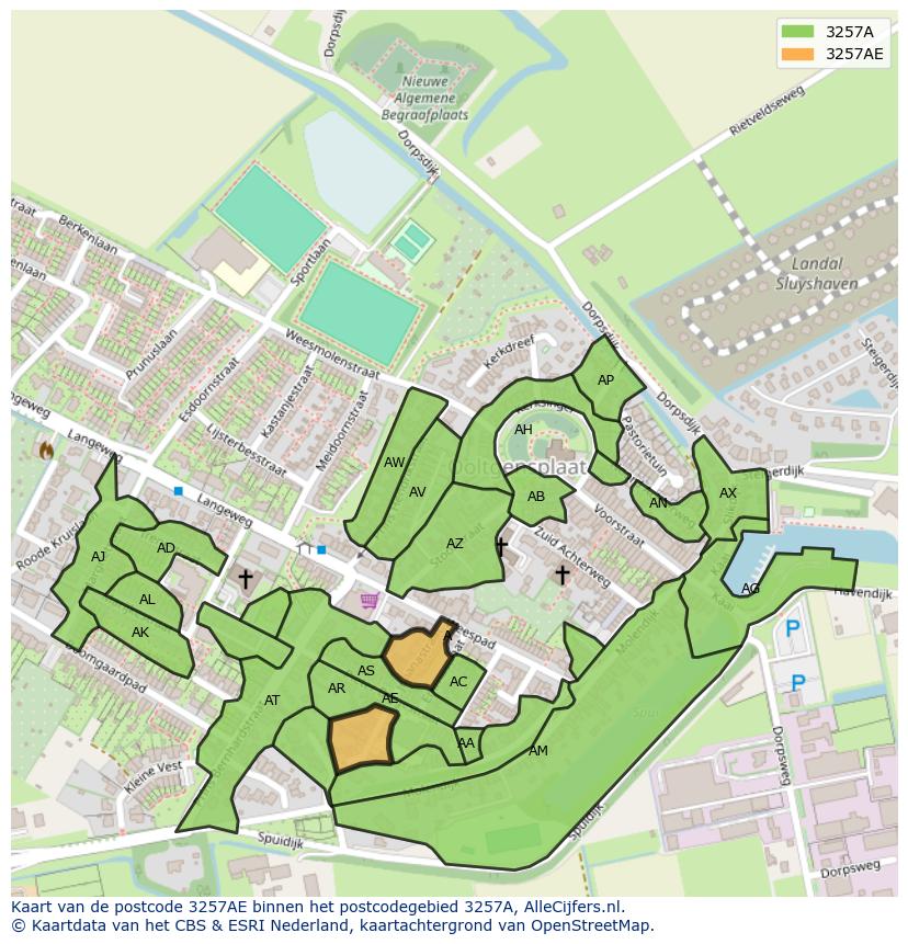 Afbeelding van het postcodegebied 3257 AE op de kaart.