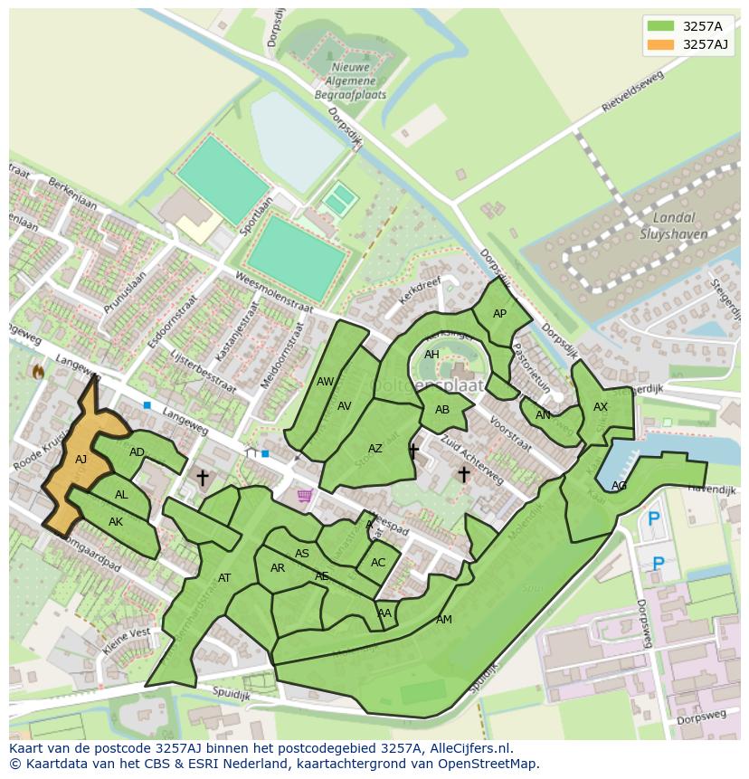 Afbeelding van het postcodegebied 3257 AJ op de kaart.