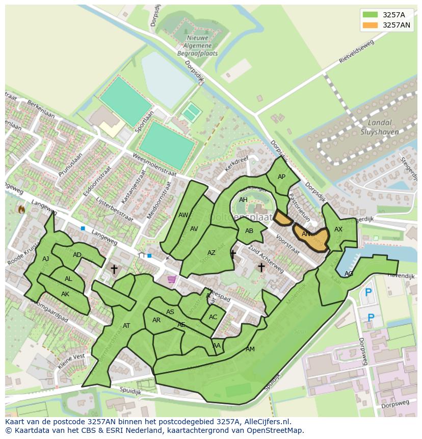 Afbeelding van het postcodegebied 3257 AN op de kaart.