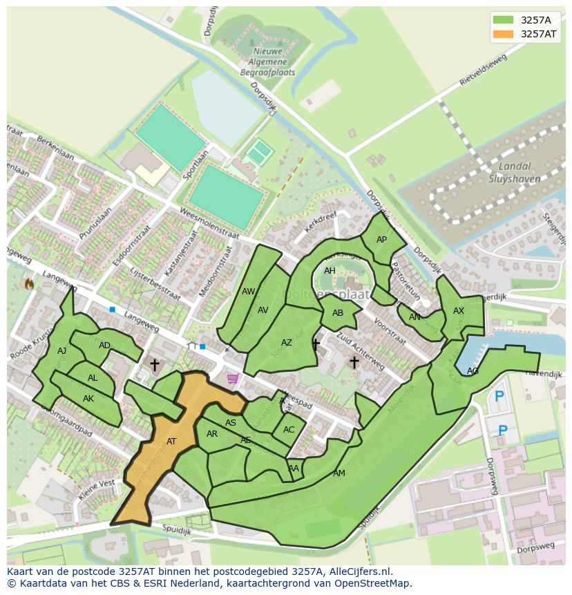 Afbeelding van het postcodegebied 3257 AT op de kaart.