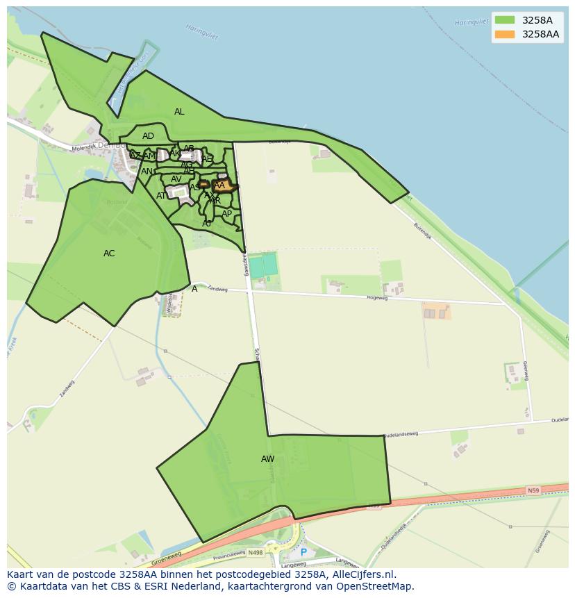 Afbeelding van het postcodegebied 3258 AA op de kaart.