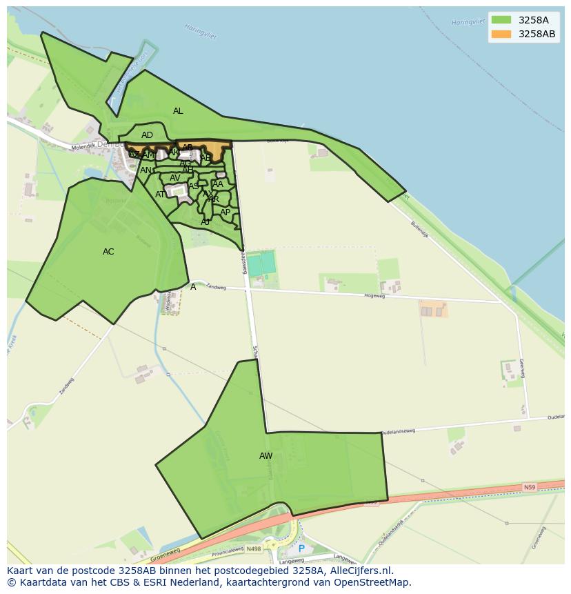 Afbeelding van het postcodegebied 3258 AB op de kaart.