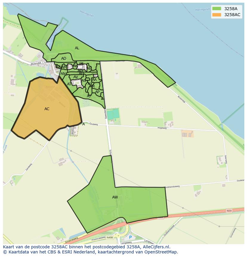 Afbeelding van het postcodegebied 3258 AC op de kaart.