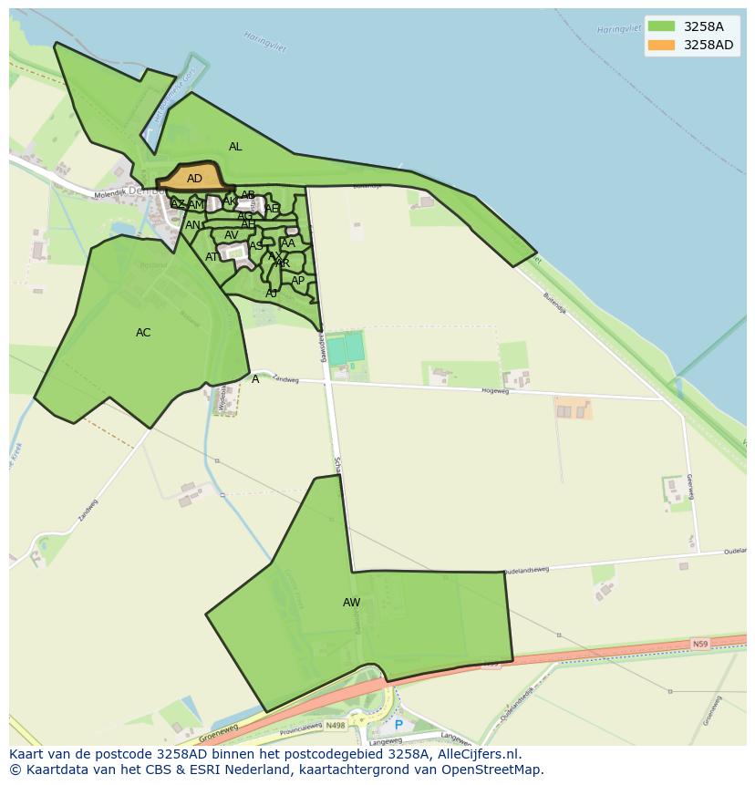 Afbeelding van het postcodegebied 3258 AD op de kaart.