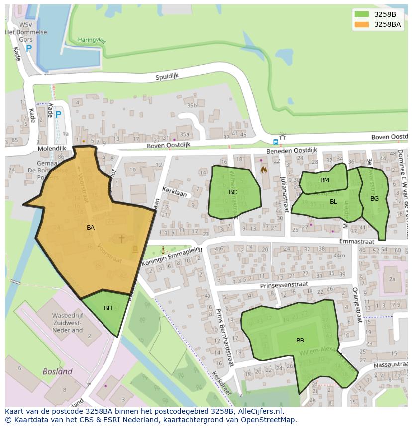 Afbeelding van het postcodegebied 3258 BA op de kaart.