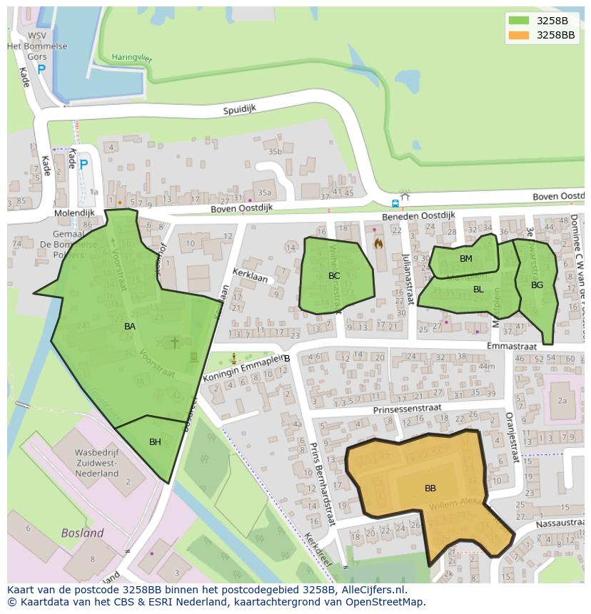 Afbeelding van het postcodegebied 3258 BB op de kaart.