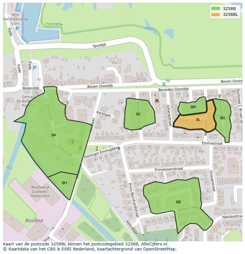 Afbeelding van het postcodegebied 3258 BL op de kaart.