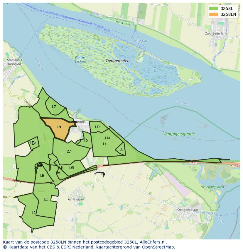 Afbeelding van het postcodegebied 3258 LN op de kaart.