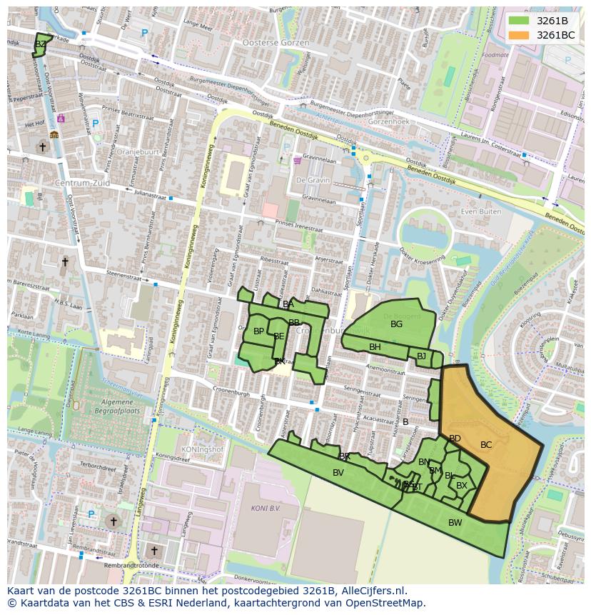 Afbeelding van het postcodegebied 3261 BC op de kaart.