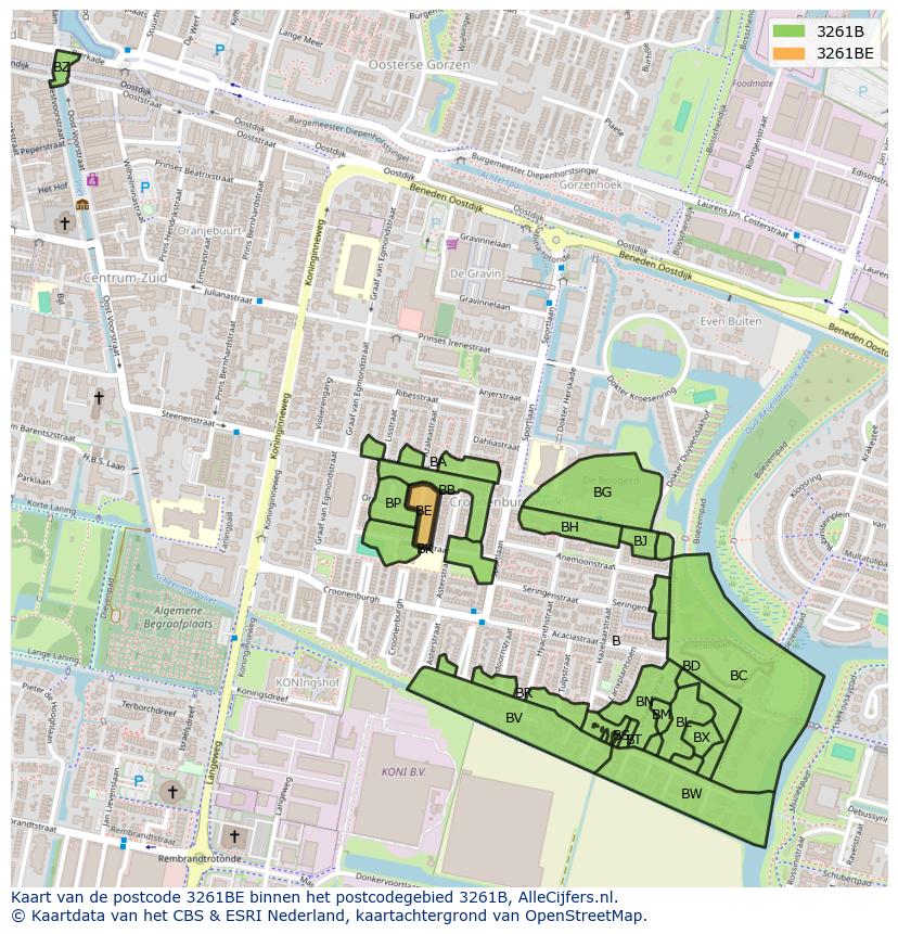 Afbeelding van het postcodegebied 3261 BE op de kaart.