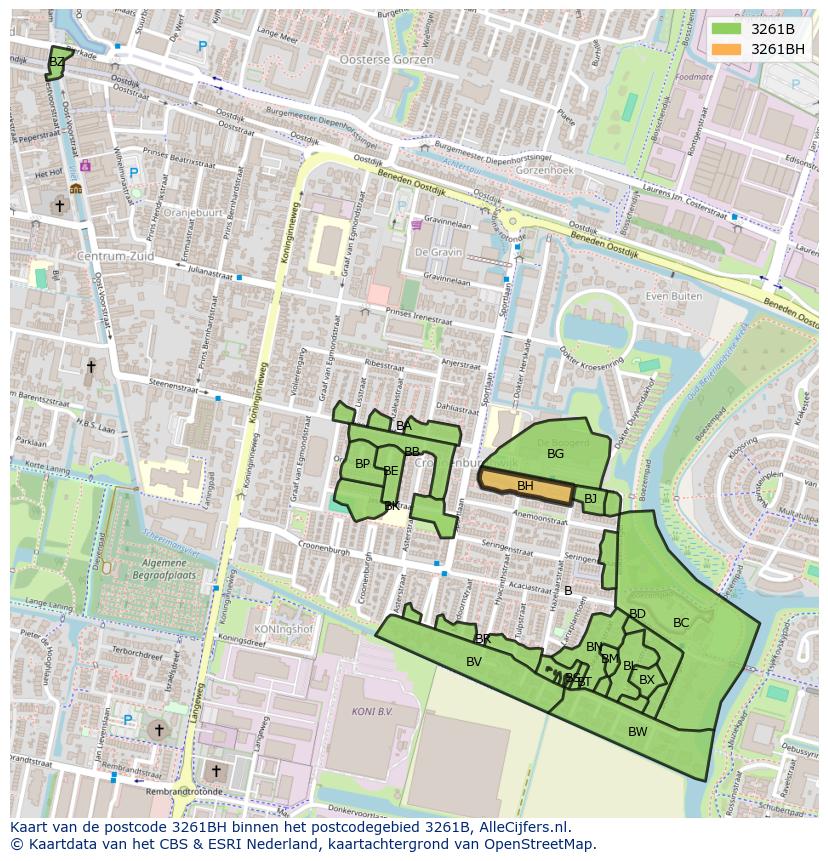 Afbeelding van het postcodegebied 3261 BH op de kaart.