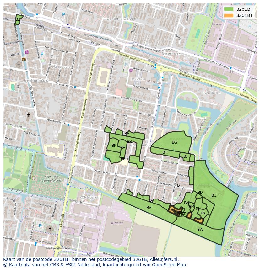 Afbeelding van het postcodegebied 3261 BT op de kaart.