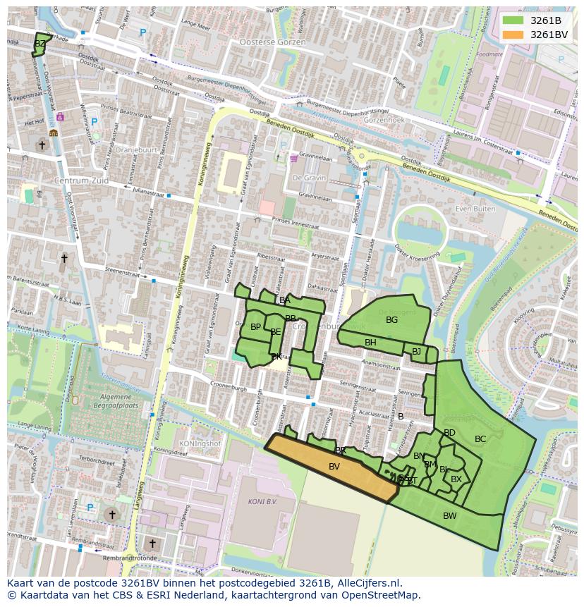 Afbeelding van het postcodegebied 3261 BV op de kaart.