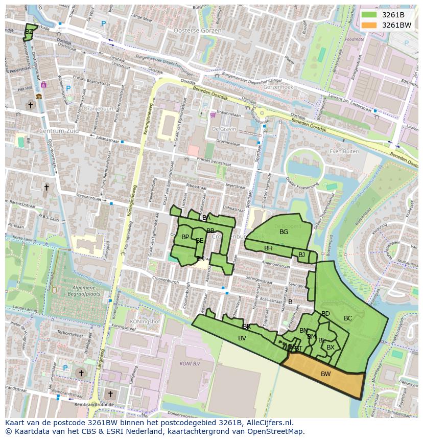 Afbeelding van het postcodegebied 3261 BW op de kaart.